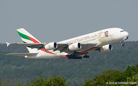 Airbus A380-861 | A6-EUA | Emirates Airline  |  with Year of Zayed 2018 sticker | Z&UUML;RICH (LSZH/ZRH) 06.05.2018