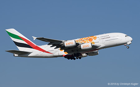 Airbus A380-861 | A6-EOU | Emirates Airline  |  Expo 2020 Dubai.UAE sticker in orange | Z&UUML;RICH (LSZH/ZRH) 05.09.2018