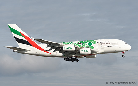 Airbus A380-861 | A6-EOW | Emirates Airline  |  Expo 2020 Dubai.UAE sticker in green | Z&UUML;RICH (LSZH/ZRH) 04.01.2019