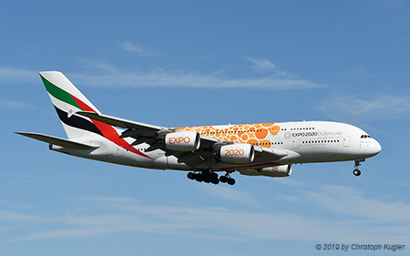 Airbus A380-861 | A6-EOU | Emirates Airline  |  Expo 2020 Dubai.UAE sticker in orange | Z&UUML;RICH (LSZH/ZRH) 29.09.2019