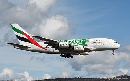 Airbus A380-861 | A6-EOJ | Emirates Airline  |  Expo 2020 Dubai.UAE sticker in green | Z&UUML;RICH (LSZH/ZRH) 01.03.2020