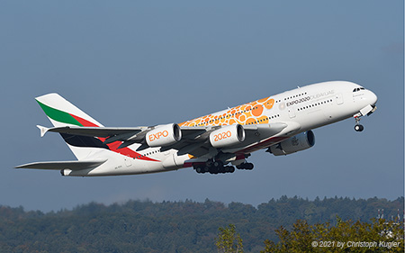Airbus A380-861 | A6-EOU | Emirates Airline  |  Expo 2020 Dubai.UAE sticker in orange | Z&UUML;RICH (LSZH/ZRH) 16.10.2021