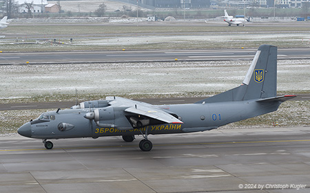 Antonov An 26 | 01 BLUE | Ukraine Air Force  |  operated by 15 BrTrA (Air Transport Brigade). This aircraft has initally seen service with the Soviet Air Force from FEB1976 onwards. It was transferred to the Ukraine Air Force in 1992. | Z&UUML;RICH (LSZH/ZRH) 13.01.2024