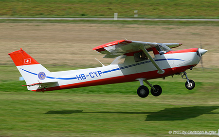 Reims-Cessna 152 | HB-CYP | private (Flugsportgruppe Zürcher Oberland)  |  This Reims/Cessna 152 is using the facilities at Hagenbuch for some landing exercise. The aircraft belongs to the Flugsportgruppe Zürcher Oberland and is based at Speck-Fehraltorf.  | HAGENBUCH (LSXX/---) 15.08.2025