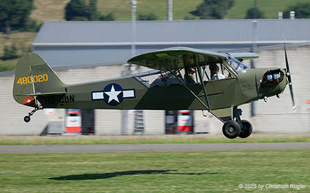 Piper L-4H Grasshopper | HB-OUN | private  |  This Piper L-4H Grasshopper is seen here arriving from Buttwil. | BIRRFELD (LSZF/---) 28.06.2025