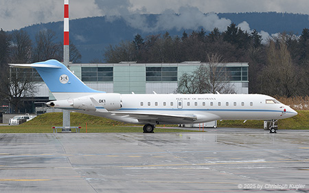 Bombardier BD.700 Global Express | OK1 | Botswana Defence Force  |  This Bombardier Global Express of the Republic of Botswana is parked in the new parking positions to the west of the airport | Z&UUML;RICH (LSZH/ZRH) 23.01.2025
