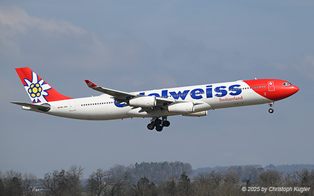 Airbus A340-313X | HB-JMC | Edelweiss Air  |  This Airbus A340-313X of Edelweiss Air is seen arriving as flight EDW25 from Cancun | Z&UUML;RICH (LSZH/ZRH) 02.03.2025