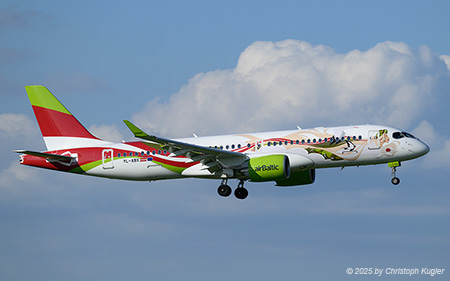 Airbus A220-300 | YL-ABX | Air Baltic  |  This Airbus A220 is painted in the Baltic heritage special colour scheme. The aircraft is seen here approaching runway 14 in Zurich as flight BTI293. | Z&UUML;RICH (LSZH/ZRH) 18.05.2025