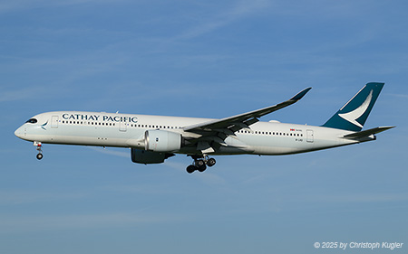Airbus A350-941 | B-LRD | Cathay Pacfic  |  Cathay Pacific's flight CPA382 often arrives before 7:00 am and then lands on runway 34. However, if the landing is after 7 am, the aircraft will land on runway 14 as seen here | Z&UUML;RICH (LSZH/ZRH) 30.05.2025