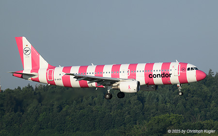 Airbus A320-214 | D-AICS | Condor  |  This Airbus A320 of Condor has been painted in the Breast Cancer Awareness special colours in SEP2024 and is seen here arriving from Frankfurt. | Z&UUML;RICH (LSZH/ZRH) 20.06.2025