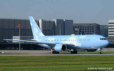 Boeing 767-24QER | N767CJ | Elan Express  |  This Boeing 767 is seen about to enter runway 14 at Zurich for its short flight to Basle due to the shortage of parking possibilities in Zurich. | Z&UUML;RICH (LSZH/ZRH) 09.08.2025