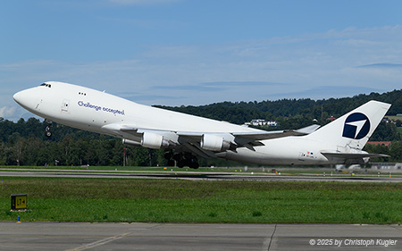 Boeing 747-412F | OE-LGR | Challenge Airlines  |  This Boeing 747-400 freighter is seen here departing on runway 28 for its flight to Tel Aviv. The aircraft was damaged on 16JUL2023 when the aircraft rolled word and collided with a Boeing 757 from FedEx. | Z&UUML;RICH (LSZH/ZRH) 03.09.2025