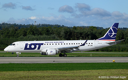 Embraer ERJ-190LR | SP-LMG | LOT Polish Airlines  |  LOT Polish Airlines morning flight from Warsaw to Zurich is operated mainly by Embraer ERJ-195 E2 or Boeing 737 aircraft. Here, a smaller Embraer ERJ-190 is seen exiting runway 14 in Zurich.  | Z&UUML;RICH (LSZH/ZRH) 15.09.2025