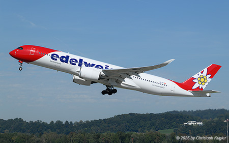 Airbus A350-941 | HB-IHC | Edelweiss Air  |  The Airbus A350 of Edelweiss Air, operating flight EDW10 to Vancouver, is captured here taking off on runway 28 in Zurich.  | Z&UUML;RICH (LSZH/ZRH) 20.09.2025