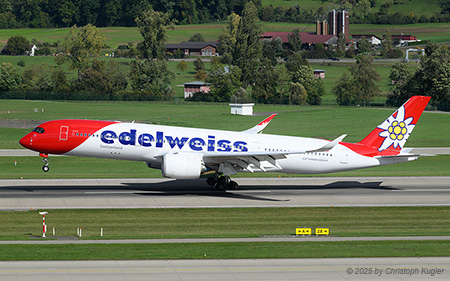 Airbus A350-941 | HB-IHF | Edelweiss Air  |  This Airbus A350-900 of Edelweiss Air about to touch down on runway 28 in Zurich. It is operating flight EDW403 from Prishtina. | Z&UUML;RICH (LSZH/ZRH) 04.10.2025