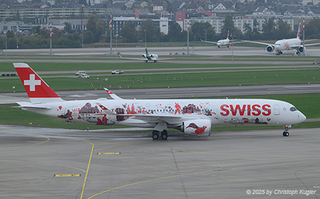 Airbus A350-941 | HB-IFA | Swiss International Air Lines  |  The first Airbus A350 of Swiss International Air Lines bears the name SWISS Wanderlust and illustrates the diversity and beauty of the country. The art was created by the Swiss artist Frederic Siegel.  | Z&UUML;RICH (LSZH/ZRH) 09.10.2025
