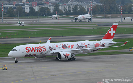 Airbus A350-941 | HB-IFA | Swiss International Air Lines  |  Eight different locations of Switzerland are shown on the plane: Basel with the annual Art Basel show, Bern as the capital of Switzerland, Geneva with the various global organisations, the Locarno Film Festival and many more. | Z&UUML;RICH (LSZH/ZRH) 09.10.2025