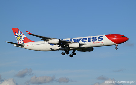 Airbus A340-313X | HB-JMF | Edelweiss Air  |  This Airbus A340-300 of Edelweiss Air is said to be one of the next aircraft of this type to be withdrawn from use. It is seen here arriving from Bogota as flight EDW92. | Z&UUML;RICH (LSZH/ZRH) 03.11.2025