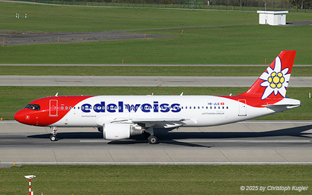 Airbus A320-214 | HB-JLQ | Edelweiss Air  |  This Airbus A320 is the latest aircraft taken on charge by Edelweiss Air. It is also the first Airbus A320 with the black anti-glare protection applied around the cockpit.  | Z&UUML;RICH (LSZH/ZRH) 04.11.2025