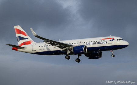 Airbus A320-251n | G-TTSB | British Airways  |  This Airbus A320neo of British Airways was captured in a sunny spell while approaching runway 14 in Zurich. | Z&UUML;RICH (LSZH/ZRH) 08.12.2025