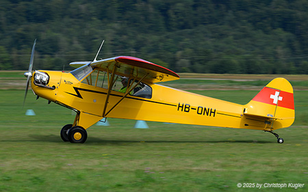 Piper L-4J Grasshopper | HB-ONH | private  |  This Piper J-3 is seen here arriving from Bex, where it is based. | LSZP 31.08.2025