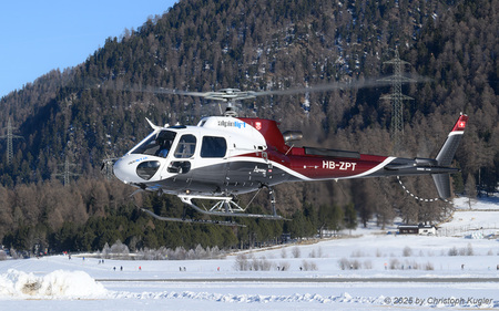 Airbus Helicopters AS350 B3 Ecureuil | HB-ZPT | Alpinlift Helikopter  |  This Airbus Helicopters AS350 Ecureuil of Alpinlift Helikoper is seen here departing from the helipad at Samedan.  | SAMEDAN (LSZS/SMV) 27.12.2025