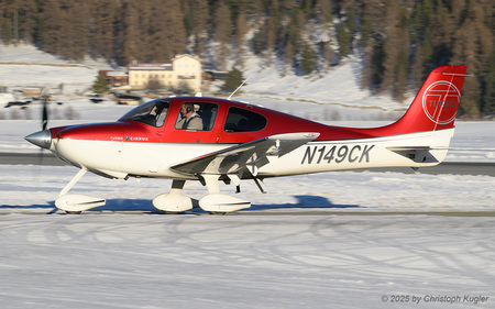 Cirrus SR22T | N149CK | private  |  This Cirrus SR22T departed early that day for a pleasure flight and is now returning as the sun is about to vanish behind the mountains.  | SAMEDAN (LSZS/SMV) 27.12.2025