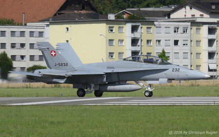 McDonnell Douglas F/A-18D Hornet | J-5232 | Swiss Air Force  |  The Swiss Air Force initially purchased 26 single seater F/A-18C Hornet and 8 two-seater F/A-18D Hornet. Of these two-seater aircraft, 3 were lost in accidents. This aircraft is the oldest of the surviving two-seater. | EMMEN (LSME/---) 02.07.2026