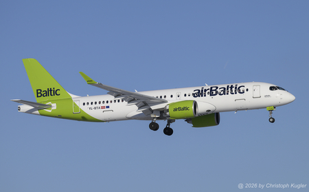 Airbus A220-300 | YL-BTA | Air Baltic  |  This Airbus A220-300 is seen here operating Swiss International Air Lines' flight SWR2141 from Valencia. This aircraft was only delivered on 29DEC2025. | Z&UUML;RICH (LSZH/ZRH) 04.01.2026