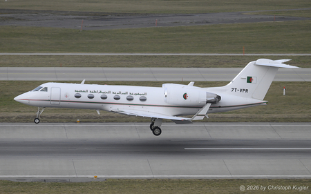 Gulfstream IV SP | 7T-VPR | Government of Algeria  |  Aircraft of the Algerian Government are a rare sight in Zurich. This Gulfstream IV SP here is seen just seconds from touching down on runway 28, completing its flight from Boufarik. | Z&UUML;RICH (LSZH/ZRH) 20.02.2026