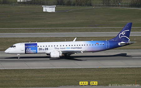 Embraer ERJ-195LR | 4O-AOB | Air Montenegro  |  This Embraer ERJ-190 of Air Montenegro is advertising Montenegro as 28th EU member.  | Z&UUML;RICH (LSZH/ZRH) 26.02.2026