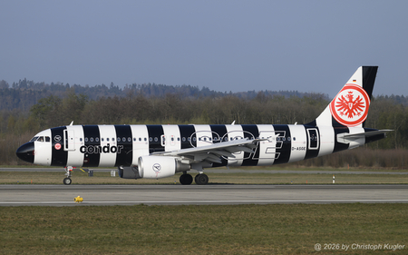 Airbus A320-214 | D-ASGE | Condor  |  This Airbus A320 of Condor is promoting the SGE - Spielevereinigung Eintracht Frankfurt. It is the sole Airbus A320 of Condor painted in the black/white scheme.  | Z&UUML;RICH (LSZH/ZRH) 02.04.2026