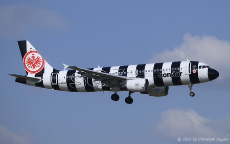 Airbus A320-214 | D-ASGE | Condor  |  This Airbus A320 of Condor is promoting the SGE - Spielevereinigung Eintracht Frankfurt. It is captured here arriving from Frankfurt as flight CFG4319. | Z&UUML;RICH (LSZH/ZRH) 02.04.2026