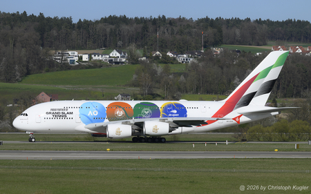 Airbus A380-861 | A6-EUH | Emirates Airline  |  This Airbus A380 of Emirates Airlines received the Proud Partner of Grand Slam Tennis special colours in DEC2025.  | Z&UUML;RICH (LSZH/ZRH) 07.04.2026