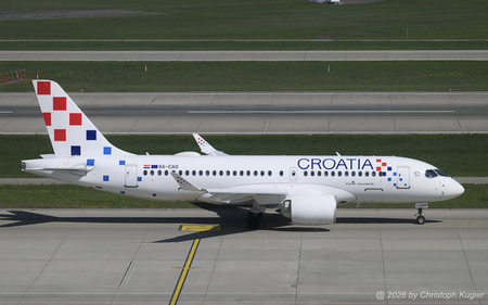 Airbus A220-100 | 9A-CAO | Croatia Airlines  |  Croatia is operating 2 Airbus A220-100 and 6 longer Airbus A220-300 aircraft. Here, one of the shorter ones is taxing to runway 28 in Z&uuml;rich for its return flight to Zagreb. | Z&UUML;RICH (LSZH/ZRH) 11.04.2026