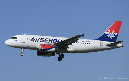 Airbus A319-132 | YU-APM | Air Serbia  |  This Airbus A319 has received the EXPO 2027 sticker applied since it was last photographed on 09APR2026. | Z&UUML;RICH (LSZH/ZRH) 24.07.2026