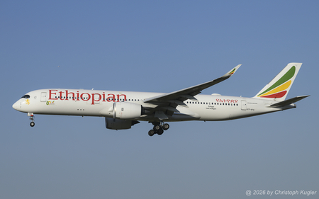 Airbus A350-941 | ET-AYA | Ethiopian Airlines  |  This Airbus A350-900 of Ethiopian Airlines is seen here approaching runway 14 in Zurich. The airline currently operates 22 aircraft of this type and 4 longer Airbus A350-1000. | Z&UUML;RICH (LSZH/ZRH) 14.08.2026