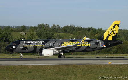 Airbus A320-214 | D-AEWM | Eurowings  |  This Airbus A320 is now wearing a slightly revised scheme and still promoted the German soccer club Borussia Dortmund. It is seen here entering taxiway H1 in Zurich. | Z&UUML;RICH (LSZH/ZRH) 19.08.2026