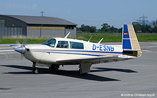 Mooney M.20J | D-ESNB | private  |  This Mooney M.20J is about to enter runway 04 at Hohenems for its flight to Oberschleissheim | DORNBIRN HOHENEMS (LOIH/HOH) 07.08.2025