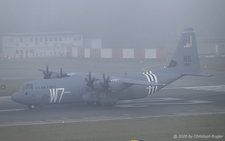 Lockheed C-130J-30 Hercules | 07-8614 | US Air Force  |  This Ramstein-based C-130 of the US Air Force is carrying the identification stripes used during the allied landing in the Normandy during WWII. The aircraft is seen here departing back home in thick fog.  | Z&UUML;RICH (LSZH/ZRH) 16.01.2026